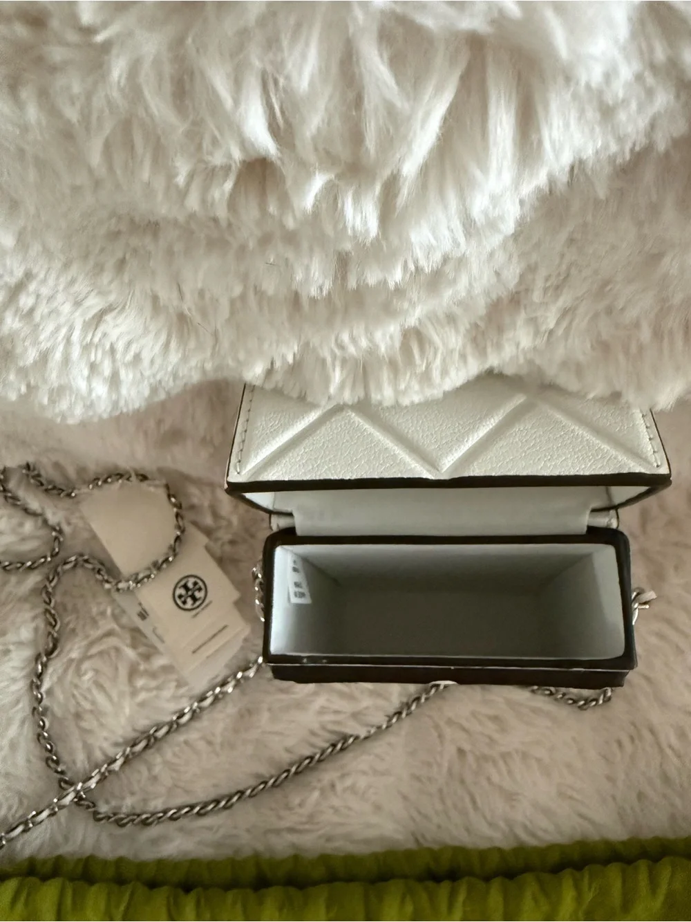 Tory Burch White Quilted Phone Crossbody with Silver Chain
